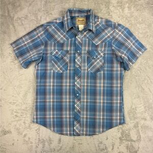 Wrangler Pearl Snap Western Shirt Mens  Blue Plaid Front Pockets Good Condition